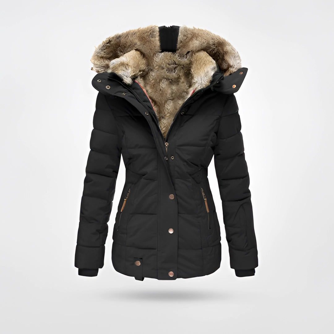 Women's black fur-lined insulated hooded winter parka, 5XL, waterproof, with stylish design and natural fur collar and lining.