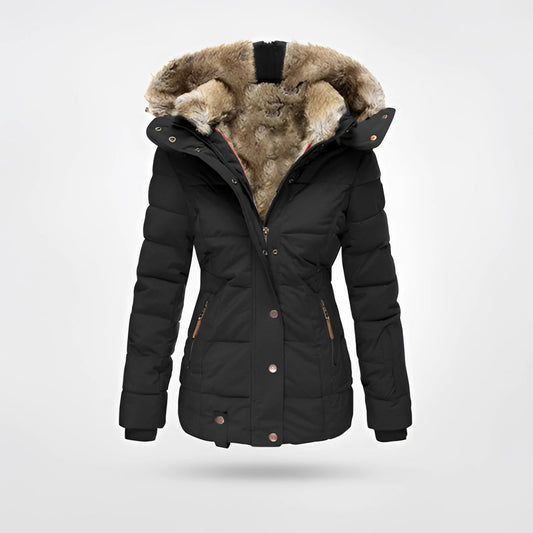 Women's black fur-lined insulated hooded winter parka, 5XL, waterproof, with stylish design and natural fur collar and lining.