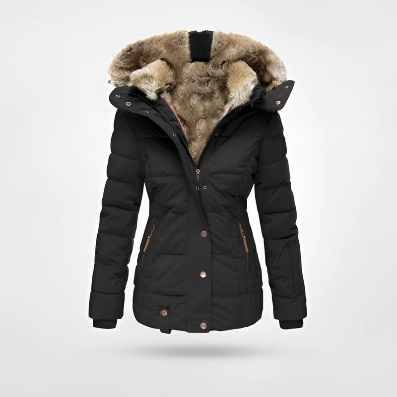 Women's black fur-lined insulated hooded winter parka, 5XL, waterproof, with stylish design and natural fur collar and lining.