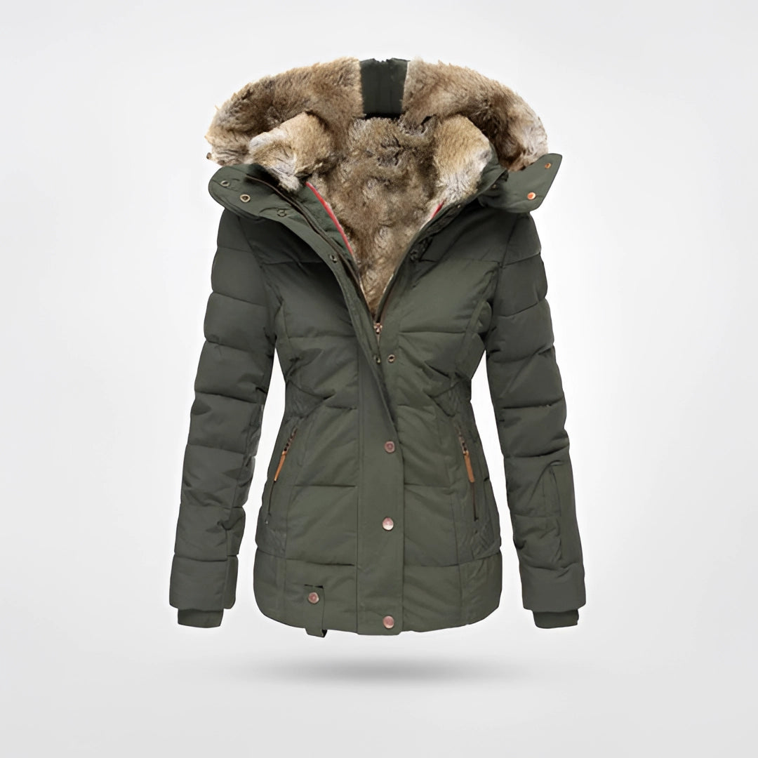 Women's Green Fur-Lined Insulated Hooded Winter Parka in 5XL, featuring waterproof material, a stylish design, and long sleeves.