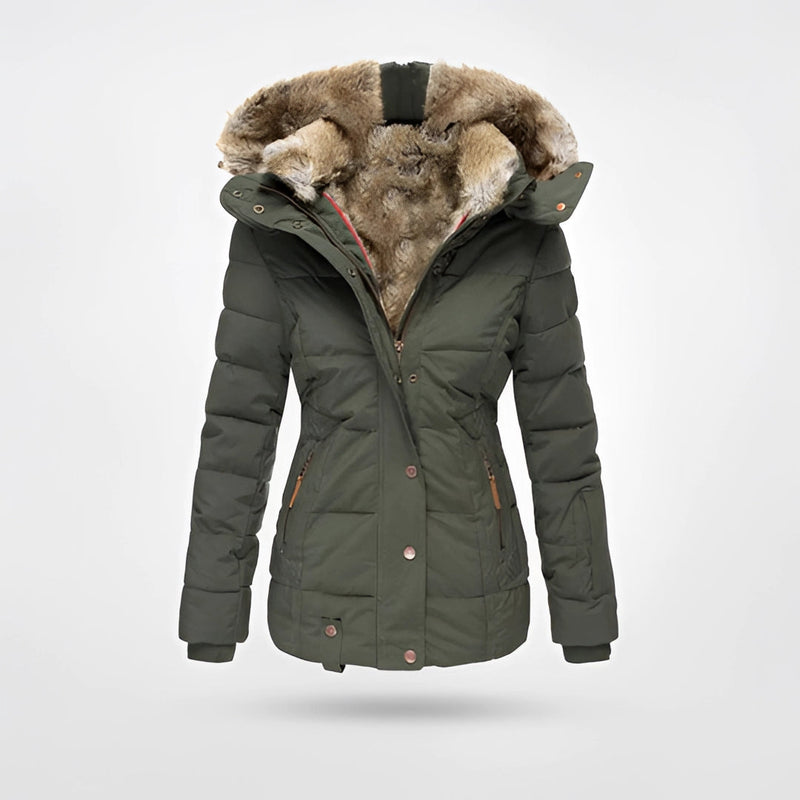 Women's Green Fur-Lined Insulated Hooded Winter Parka in 5XL, featuring waterproof material, a stylish design, and long sleeves.
