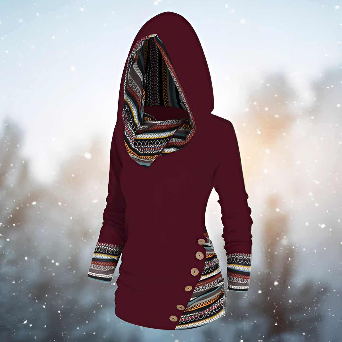 A woman wearing a red, fleece-lined ethnic pattern slim fit winter hoodie in size 5XL, with long sleeves and a comfortable neckline, standing outdoors in cool weather.