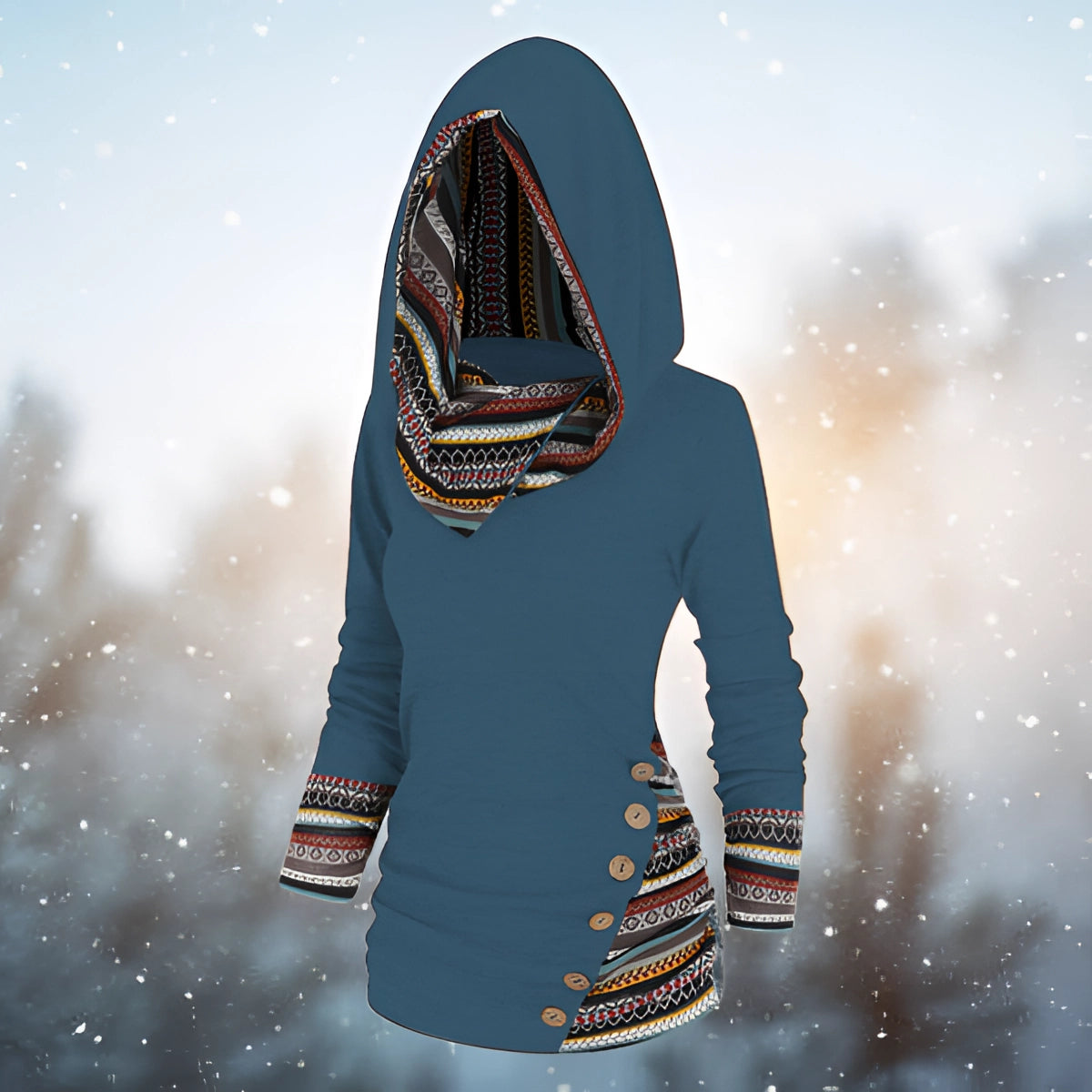 Blue Women's Fleece-Lined Ethnic Pattern Slim Fit Winter Hoodie in 5XL, featuring long sleeves and a comfortable fit. The hoodie includes a unique ethnic pattern and is designed for warmth and style, perfect for winter outerwear. The image captures a person wearing the hoodie in a natural setting, conveying a sense of happiness and coolness.