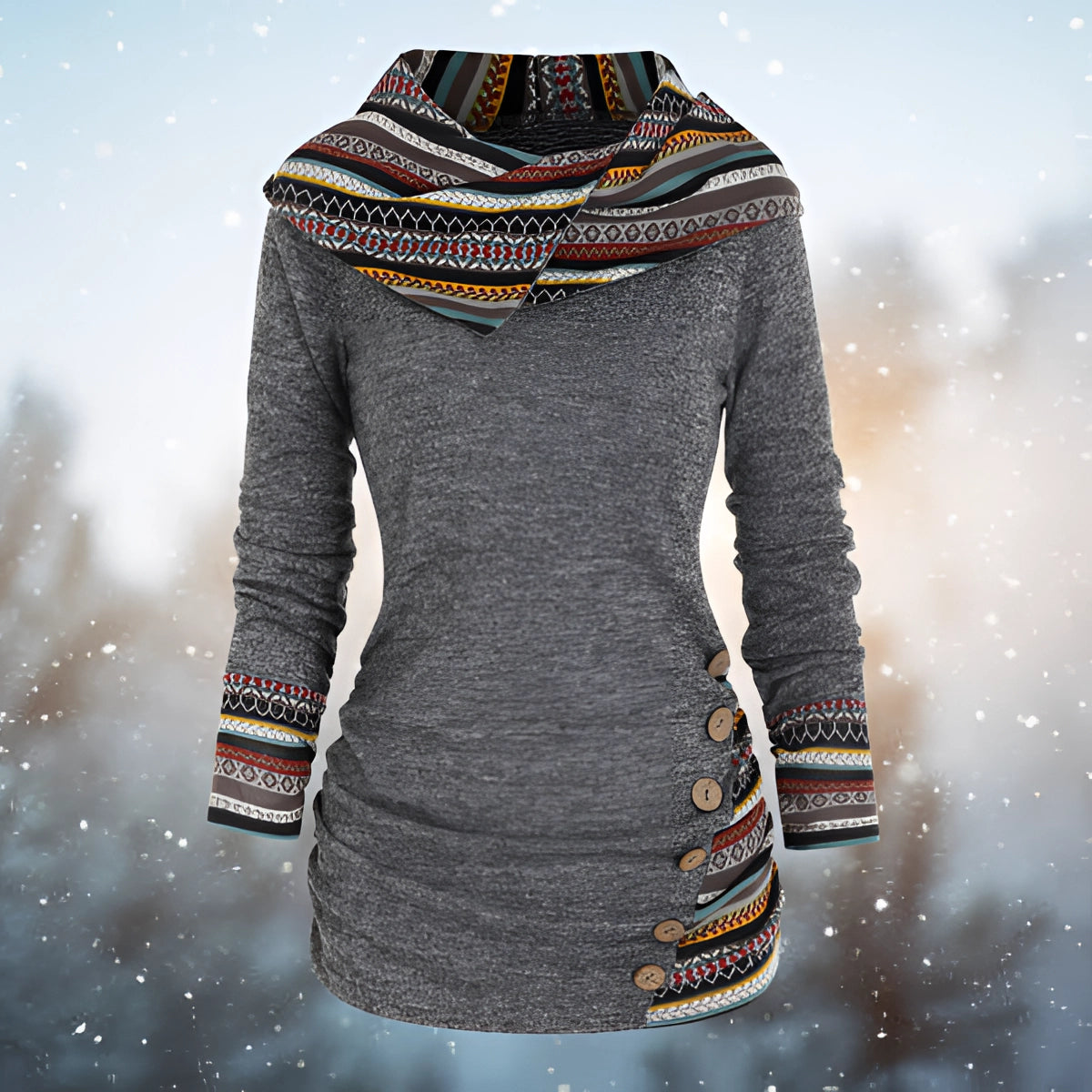 Women's grey fleece-lined winter hoodie featuring a slim fit and ethnic plaid pattern with a tartan design, long sleeves, and a collar.