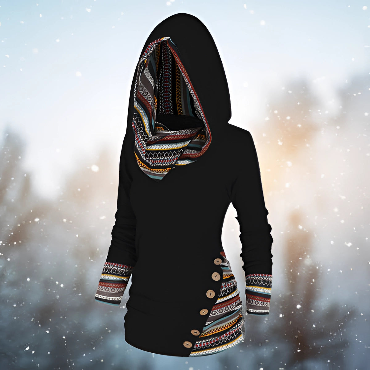 Women's black fleece-lined ethnic pattern slim fit winter hoodie in size 5XL, featuring long sleeves and a stylish design suitable for cool weather.