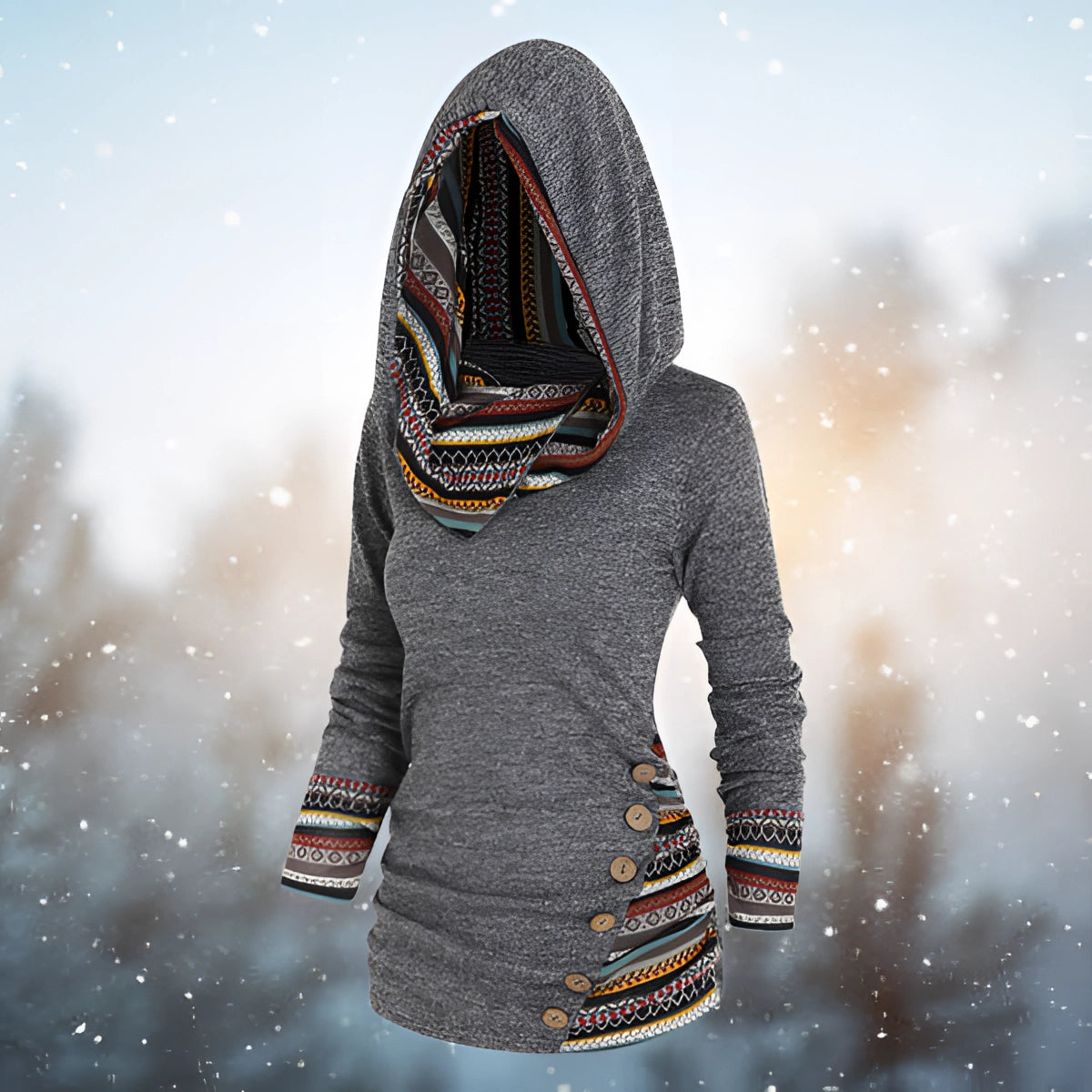 Gray women's fleece-lined hoodie with an ethnic pattern, featuring a slim fit design. The hoodie includes long sleeves, a hood, and is displayed in a 5XL size. The fabric pattern resembles tartan, and the garment is designed as outerwear suitable for winter.