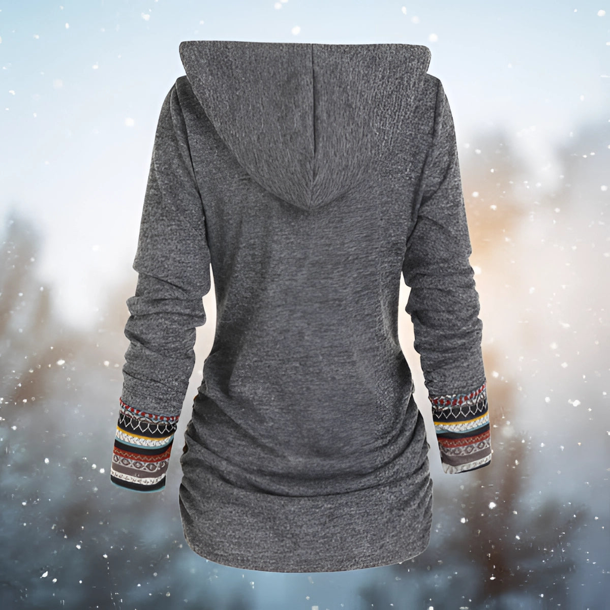Women's slim fit winter hoodie with an ethnic pattern and fleece lining, featuring long sleeves and a grey color.