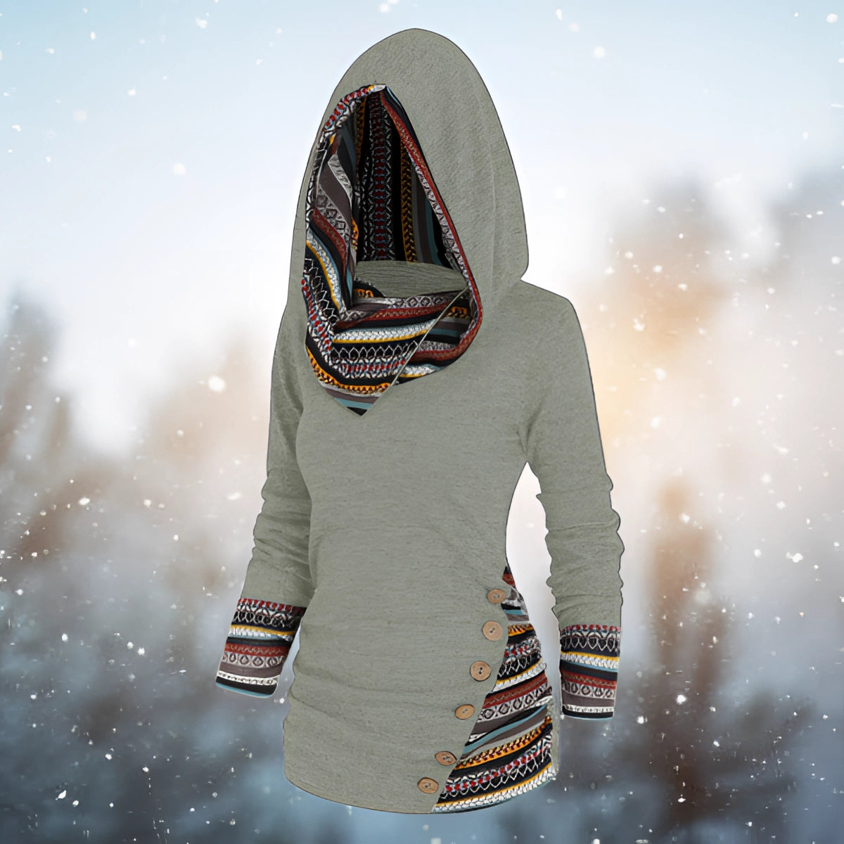 Women's gray fleece-lined ethnic pattern slim fit winter hoodie with long sleeves, featuring a cozy and stylish design suitable for cold weather.