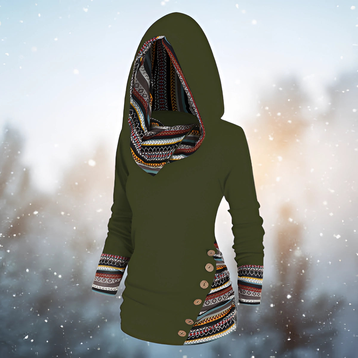 Women's green fleece-lined ethnic pattern slim fit winter hoodie in size 5XL, featuring long sleeves and a stylish design.