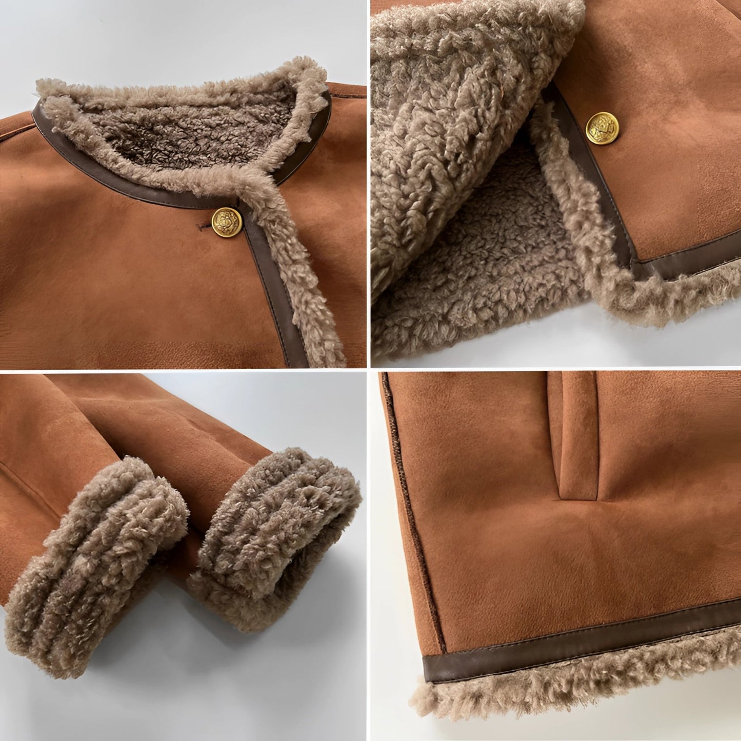 Women's Tan Suede Shearling Jacket with Gold Button Detail