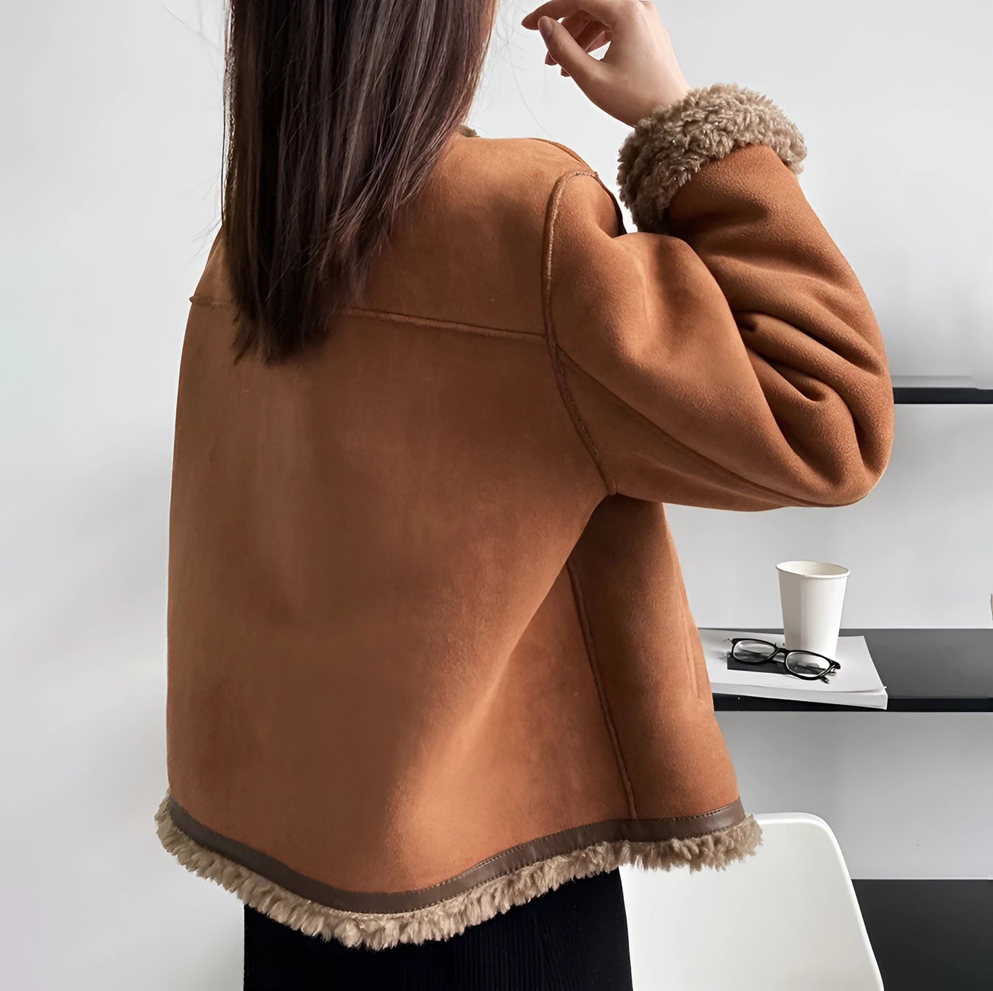 Women's Tan Suede Shearling Jacket with Gold Button Detail