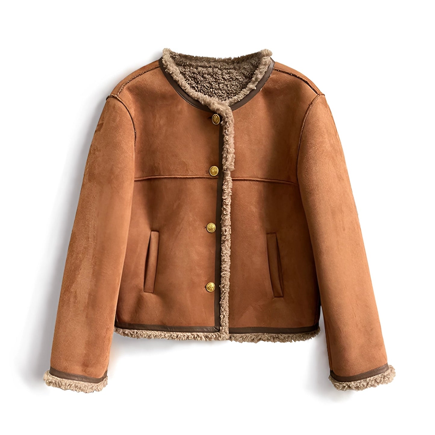 Women's Tan Suede Shearling Jacket with Gold Button Detail