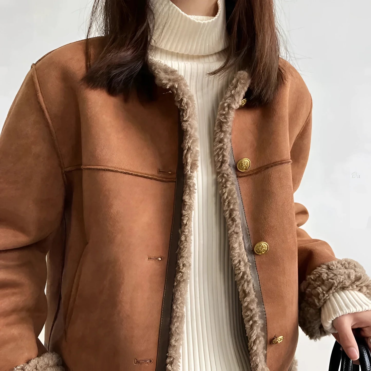 Women's Tan Suede Shearling Jacket with Gold Button Detail