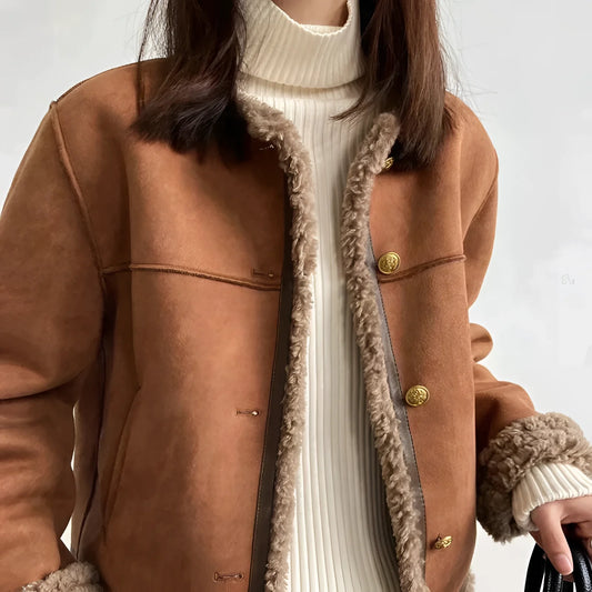 Women's Tan Suede Shearling Jacket with Gold Button Detail