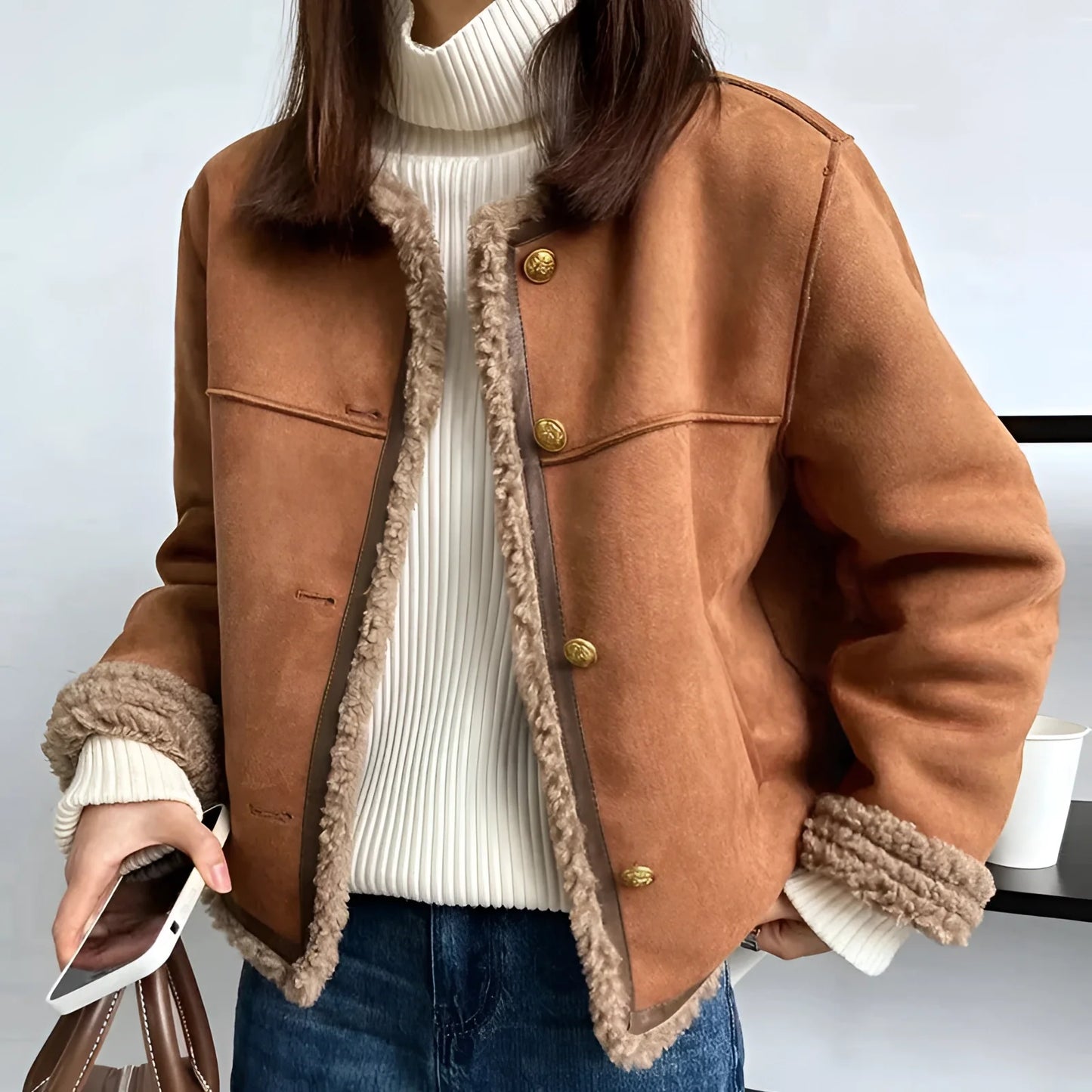 Women's Tan Suede Shearling Jacket with Gold Button Detail