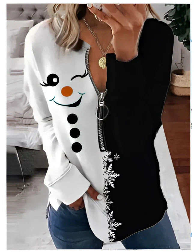 Women's black asymmetric zip-up sweater featuring a festive snowman design, shown in size 6XL with long sleeves and a high collar.
