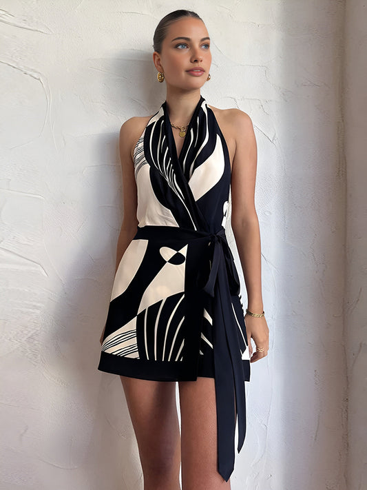 Valencia Abstract Halter Wrap Dress Women Satin Blend Adjustable Fit, Flowy Finish