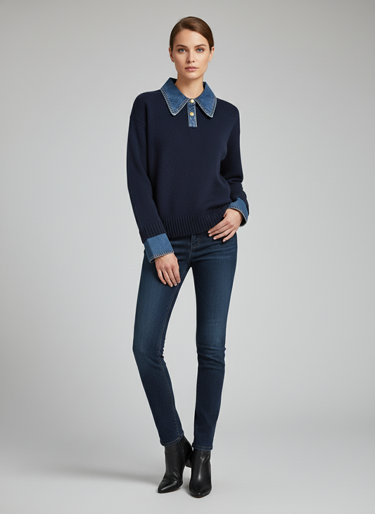 2-in-1 Strickpullover mit Denimkragen