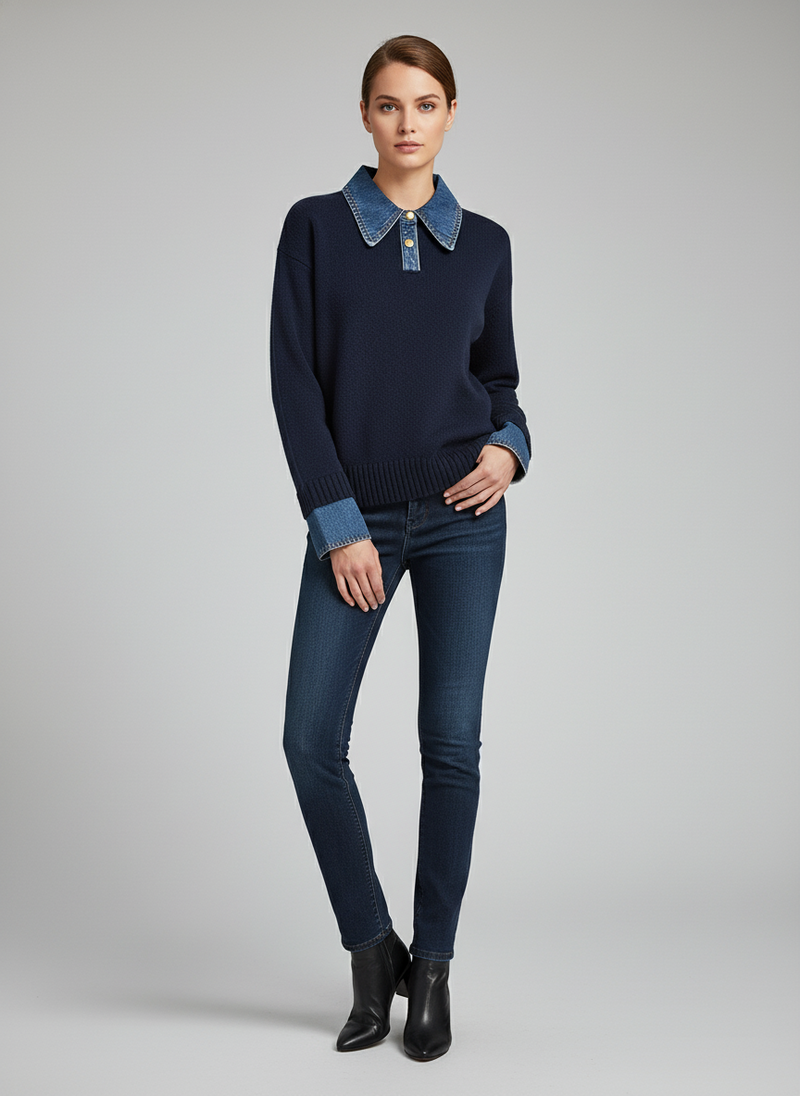 2-in-1 Strickpullover mit Denimkragen