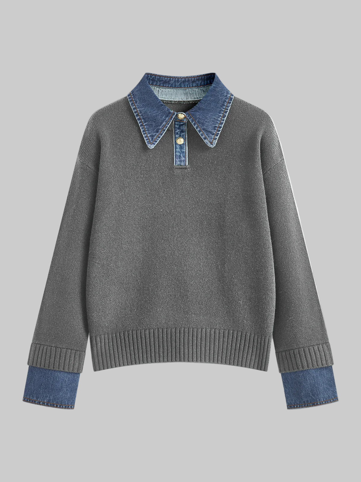 2-in-1 Strickpullover mit Denimkragen