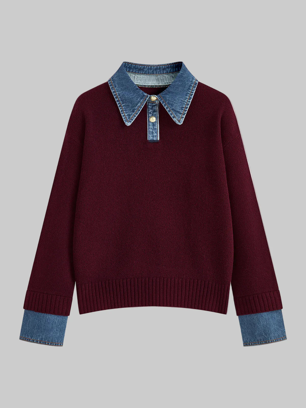 2-in-1 Strickpullover mit Denimkragen