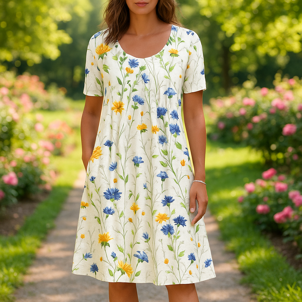 Midi Dress for Women’s Cotton Blend Dress with A-Line Fit, Functional Pockets & U-Neckline