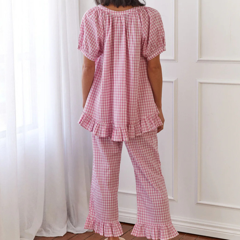 Ensemble De Détente 2 Pièces À Carreaux avec Volants pour Femme | Idéal pour La Maison Et Le Sommeil