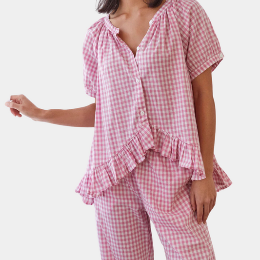 Ensemble De Détente 2 Pièces À Carreaux avec Volants pour Femme | Idéal pour La Maison Et Le Sommeil