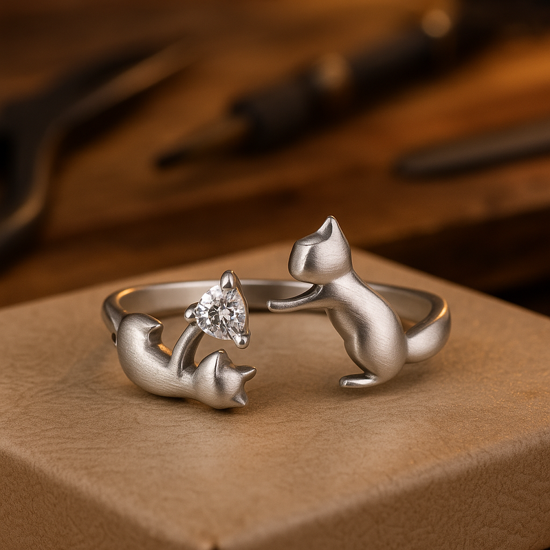Verstelbare sterling zilveren ring met speelse kat en zirkonia.