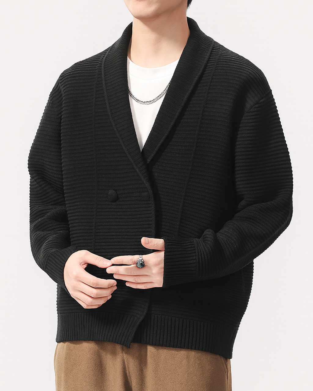 Elegant and warm double-breasted Rowan cardigan