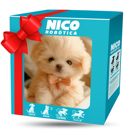 Chien en peluche beige dans une boîte cadeau bleue avec ruban rouge, jouet interactif pour enfants, marque Nico Robótica.