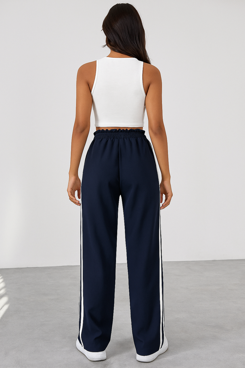 Dames Sportieve High-Waisted Joggingbroek – Zwart met Witte Strepen, Casual Sportkleding voor Vrije Tijd