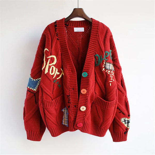 Oversized Gebreid Dames Vest met Knopen en Borduursel