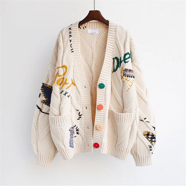 Oversized Gebreid Dames Vest met Knopen en Borduursel