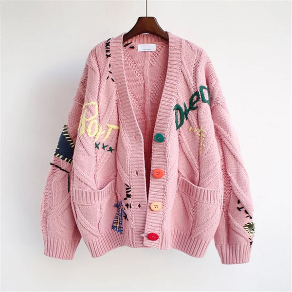 Oversized Gebreid Dames Vest met Knopen en Borduursel