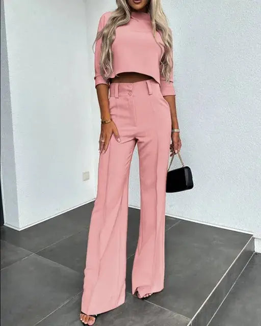 Co-Ord Set - Women's Top and Wide Leg Pleated Trousers Set-Grace Aura
