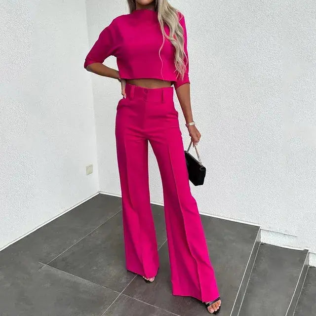 Co-Ord Set - Women's Top and Wide Leg Pleated Trousers Set-Grace Aura
