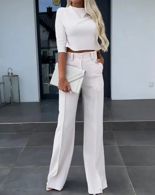 Co-Ord Set - Women's Top and Wide Leg Pleated Trousers Set-Grace Aura