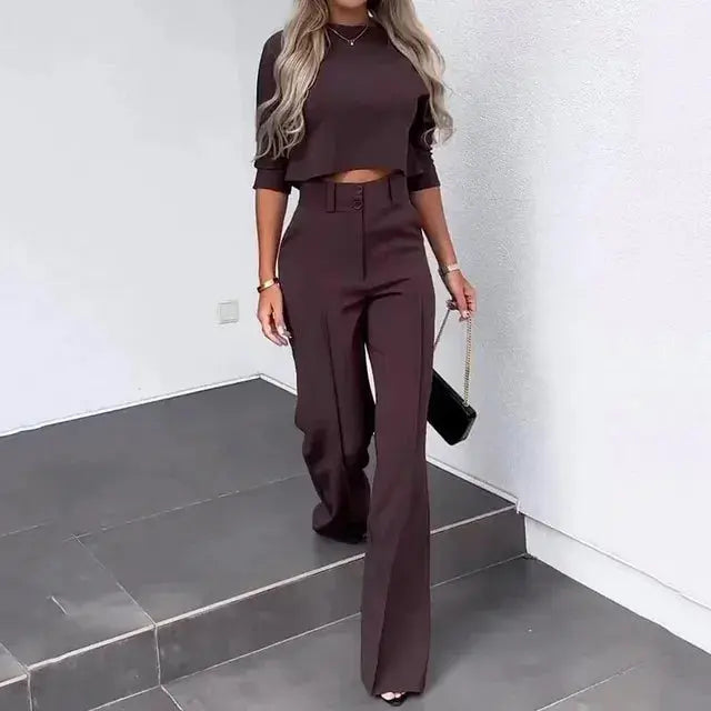 Co-Ord Set - Women's Top and Wide Leg Pleated Trousers Set-Grace Aura