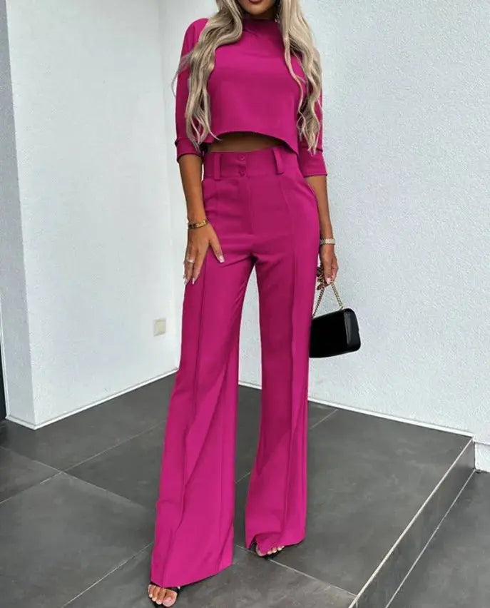 Co-Ord Set - Women's Top and Wide Leg Pleated Trousers Set-Grace Aura