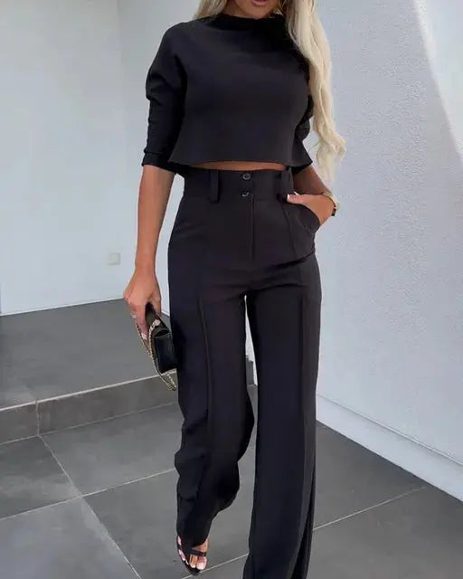 Co-Ord Set - Women's Top and Wide Leg Pleated Trousers Set-Grace Aura