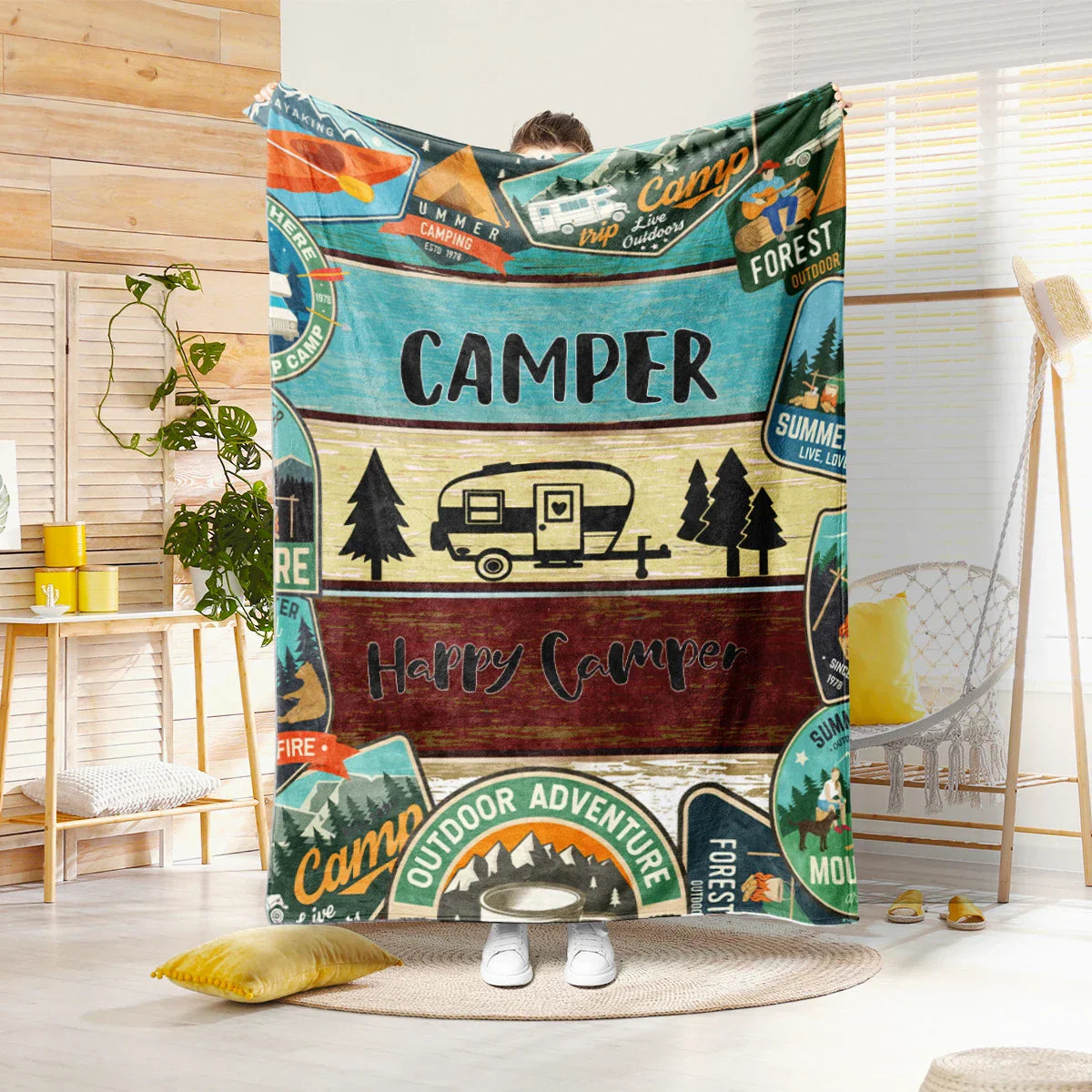 NatureNest – Pluche Deken met Camper- en Bosmotief – Voor Thuis & Reizen