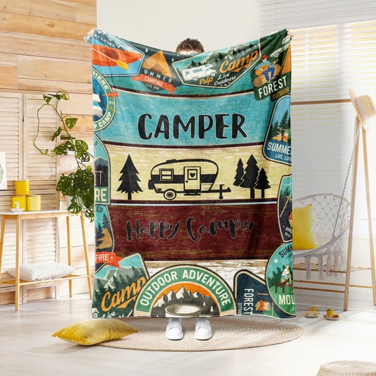 NatureNest – Pluche Deken met Camper- en Bosmotief – Voor Thuis & Reizen