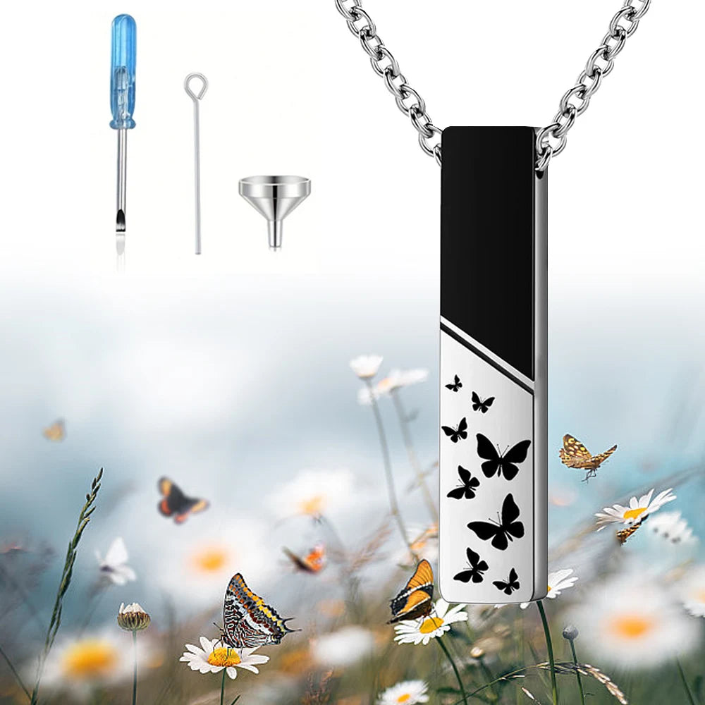 Veile Studios Cremation Jewelry Urn Necklace For Ashes Bar Butterfly Pendant Stainless Steel Locket