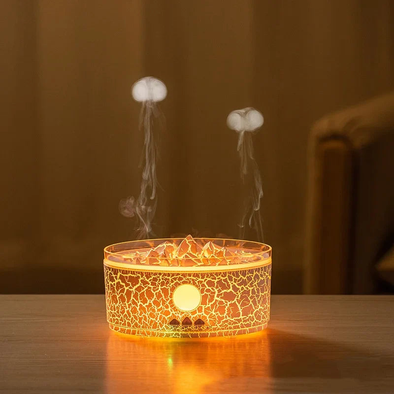 Volcano Humidifier, 300ML Essential Oil Diffuser with Jellyfish Mist and 3 Color Lights, Remote Controlled - Cracked White
