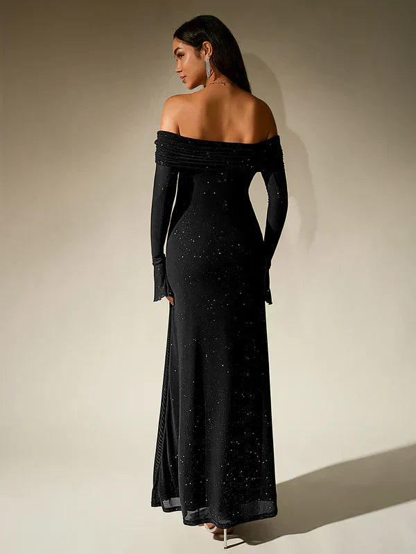 Robe de soirée Alina - Brune paillettes - Sans bretelles - Manches transparentes