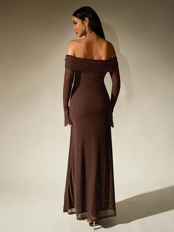 Robe de soirée Alina - Brune paillettes - Sans bretelles - Manches transparentes
