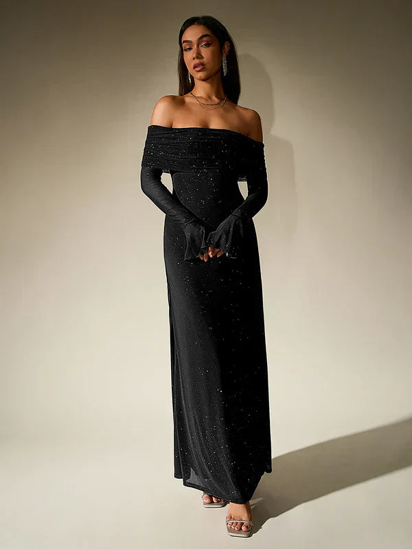Robe de soirée Alina - Brune paillettes - Sans bretelles - Manches transparentes
