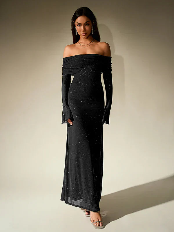 Robe de soirée Alina - Brune paillettes - Sans bretelles - Manches transparentes