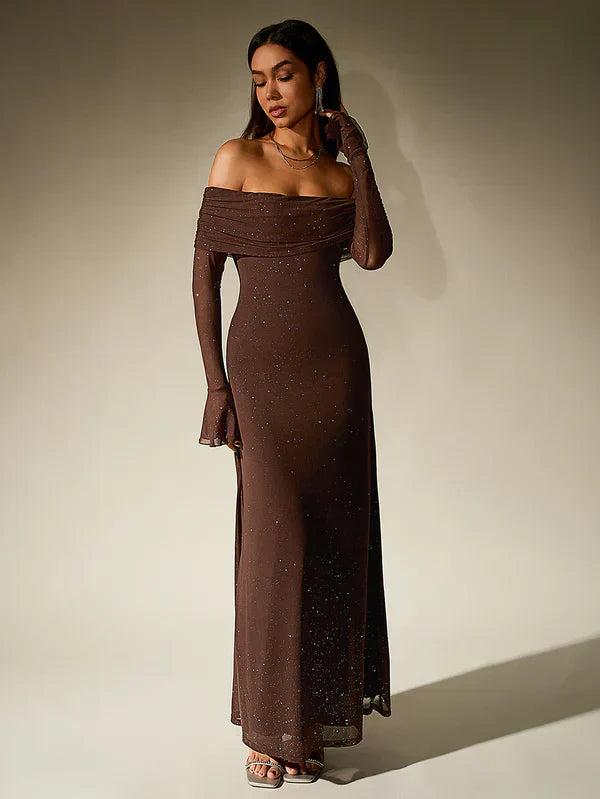 Robe de soirée Alina - Brune paillettes - Sans bretelles - Manches transparentes